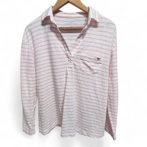 Vineyard Vines Women’s Long Sleeve Polo Shirt Pink White Stripe Size Medium Prep